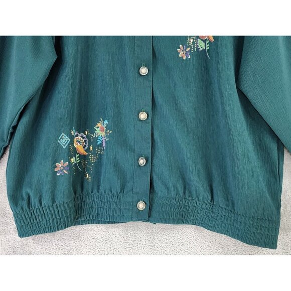 GW Jacket Womens Medium Petite Green Floral Button Up Vintage Bomber Made In USA - Picture 8 of 12